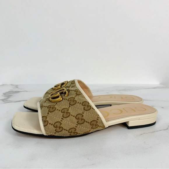 GUCCI Monogram Matelasse GG Marmont Flat Slide Sandals Beige Ebony Mystic White - Picture 10 of 15